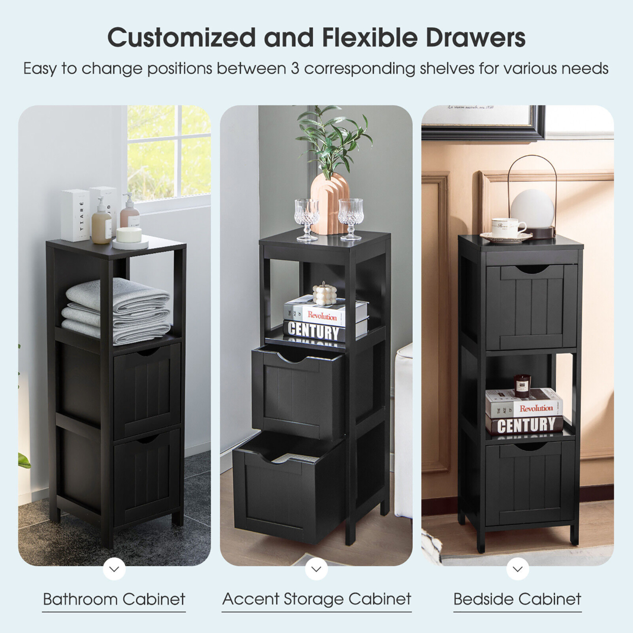 Bathroom Floor Cabinet Side Wooden Storage Organizer W/ Removable Drawers - Brown