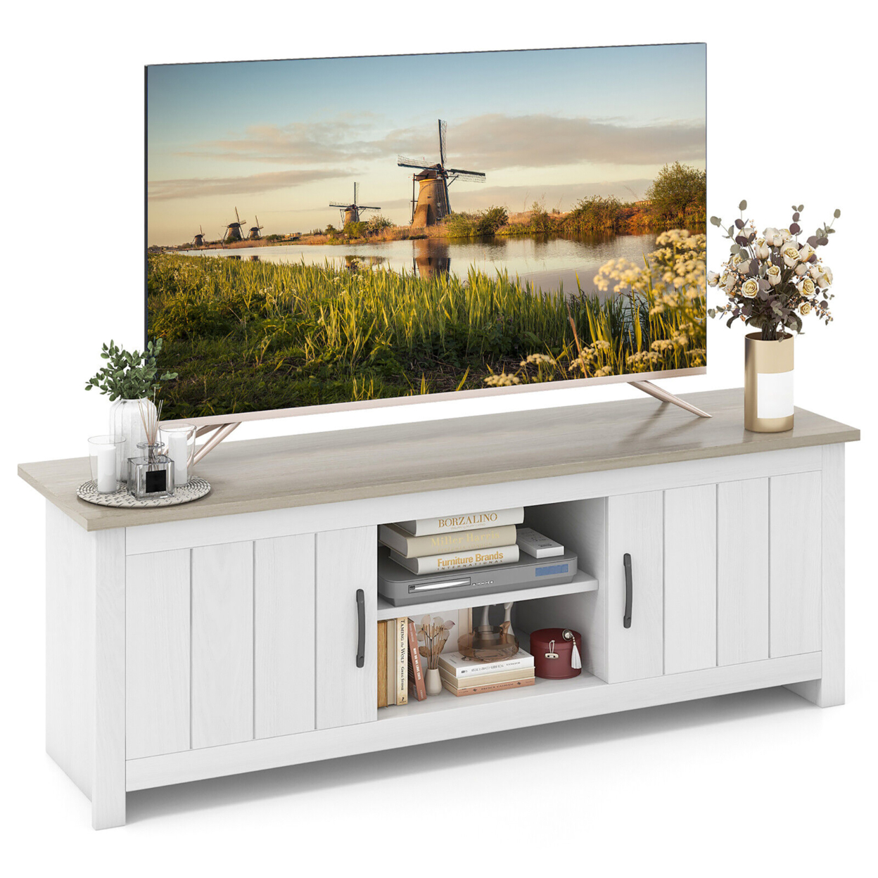 Farmhouse TV Stand For TVs Up To 65'' Media Console Center W/ Doors Cubbies - White Oak