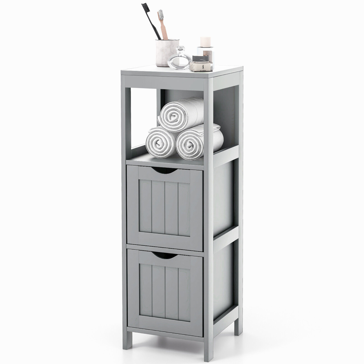 Bathroom Floor Cabinet Side Wooden Storage Organizer W/ Removable Drawers - Grey