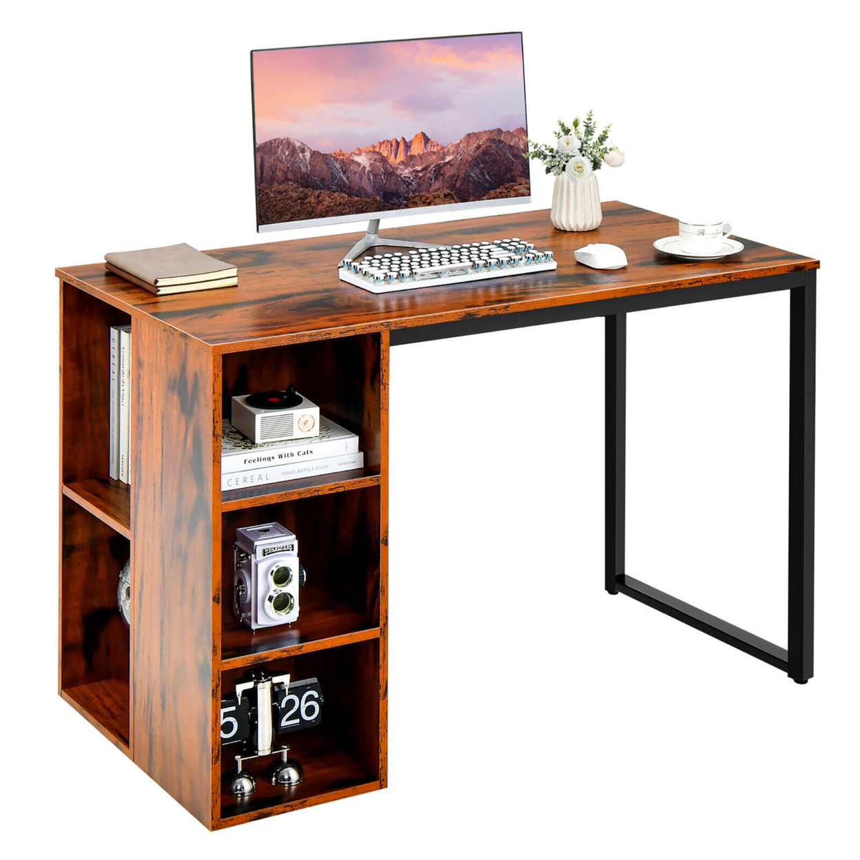 Home Office Computer Desk Laptop Table Writing Workstation W/ 5 Cubbies - Rustic Brown + Black
