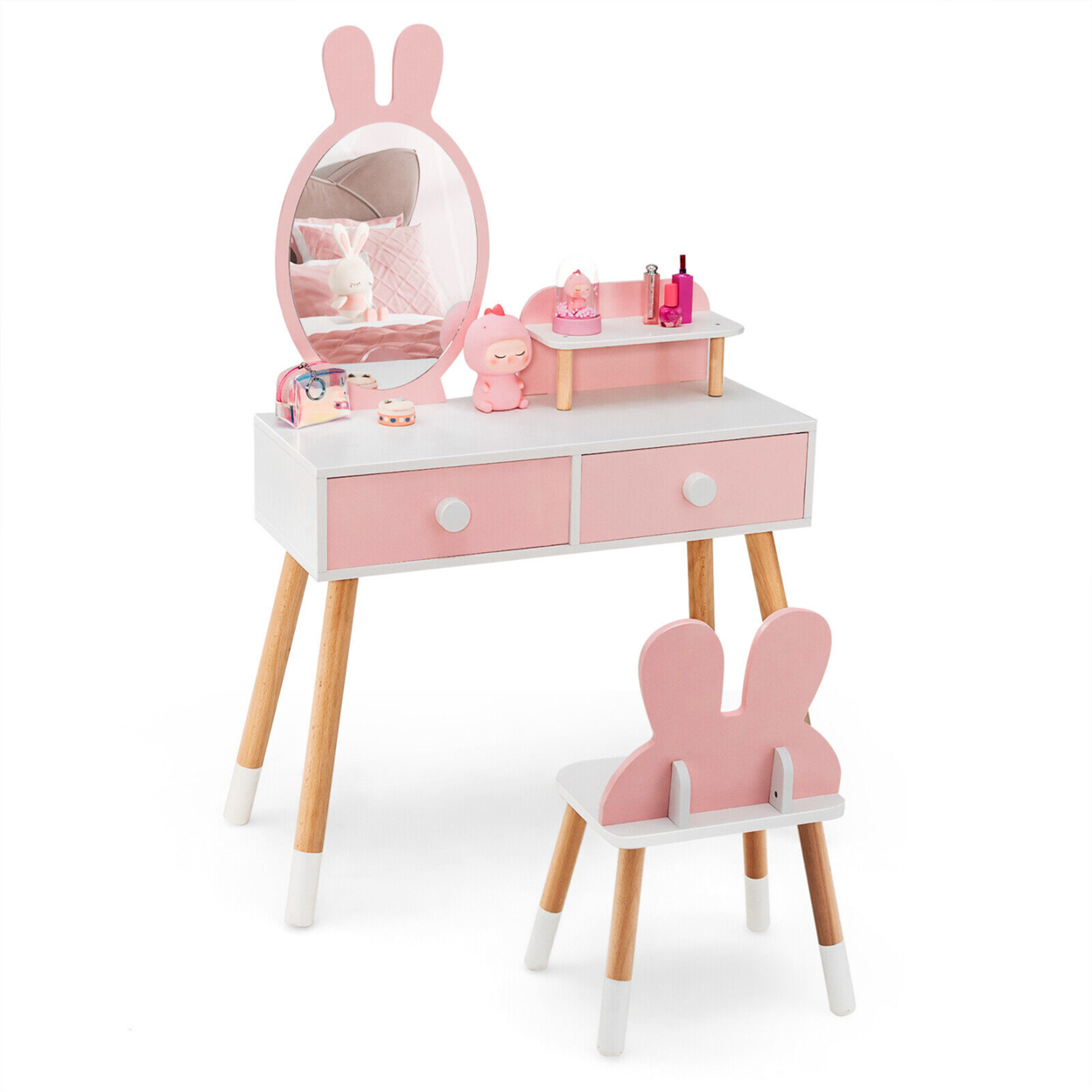 Kid Vanity Set Makeup Table Stool With Drawer Shelf Wood Leg Rabbit Mirror - Pink