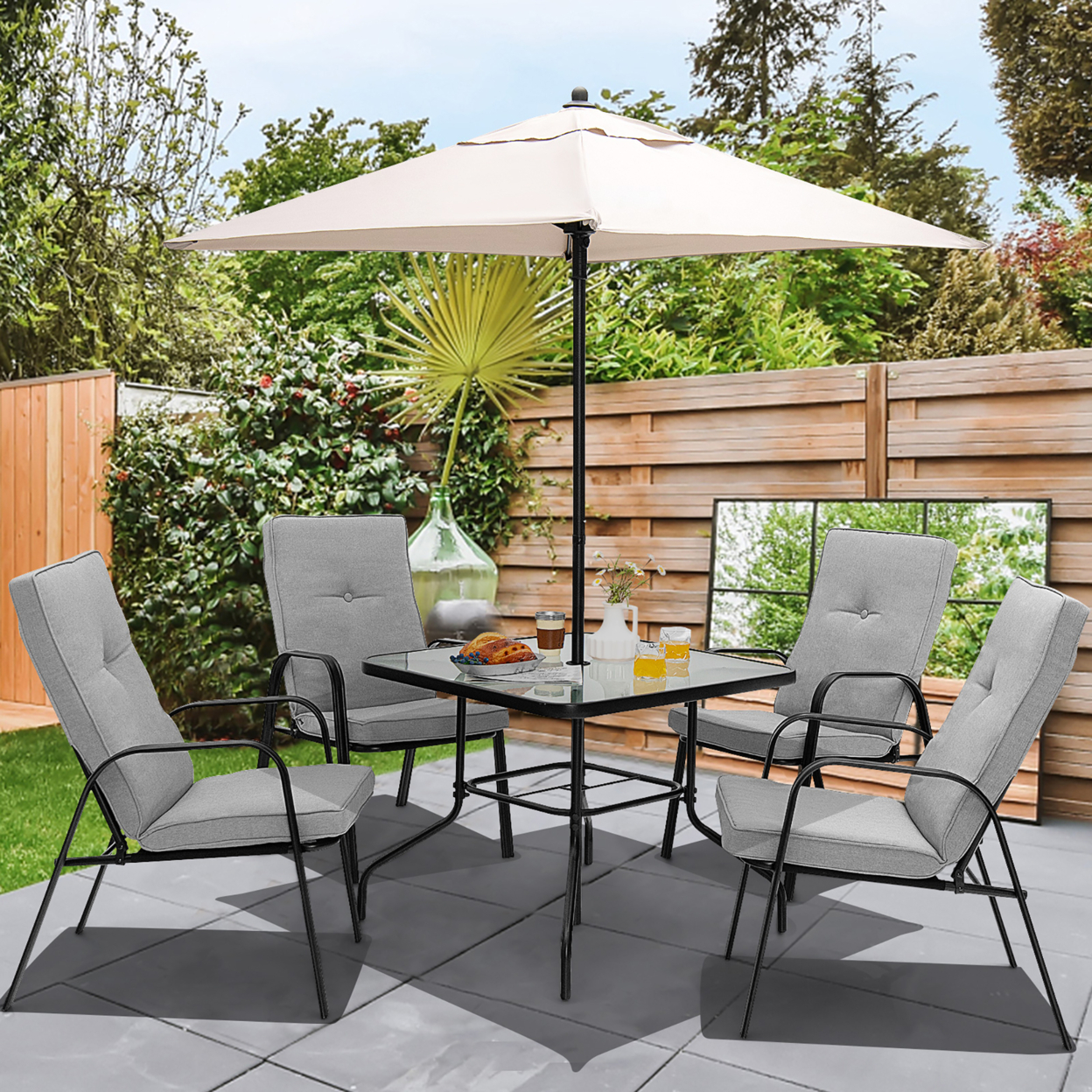 6PCS Outdoor Dining Set Patio Table & Chair Furniture Set W/ Cushions & Umbrella