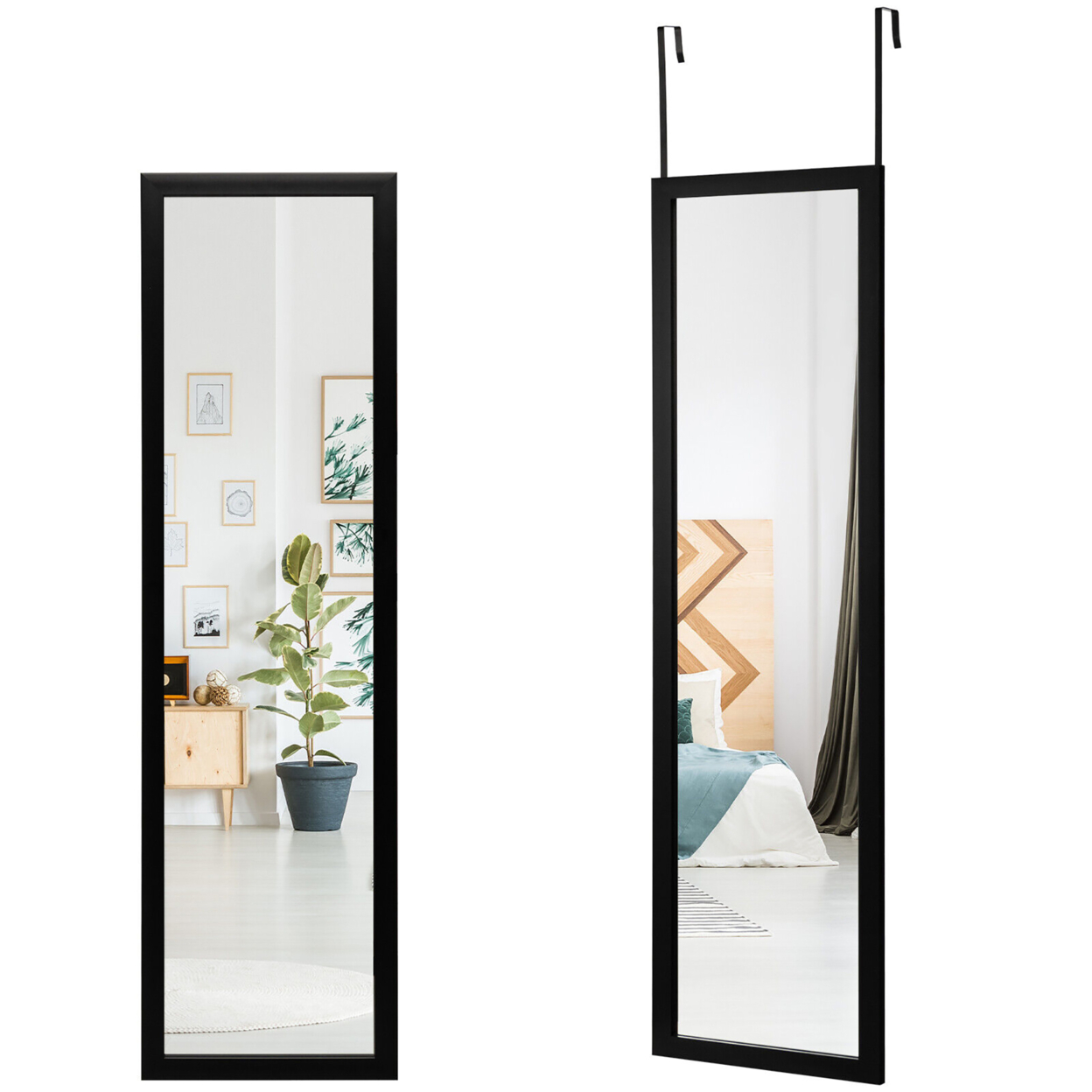 Full Length Over The Door Mirror Hanging Hooks Wall Mount Dressing Mirror - Black