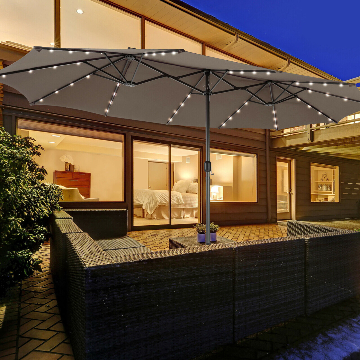Outdoor 15' Double-Sided Patio Umbrella 48 Solar LED Lights Crank & Base - Coffee