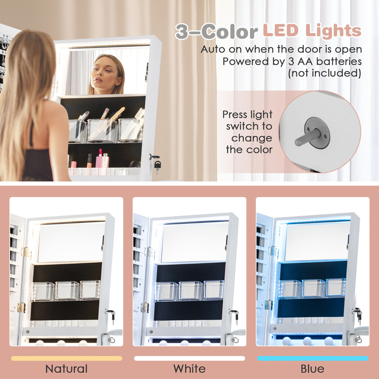 Standing Jewelry Cabinet Full Length Mirror Lockable W/ 3-Color LED Lights - Black