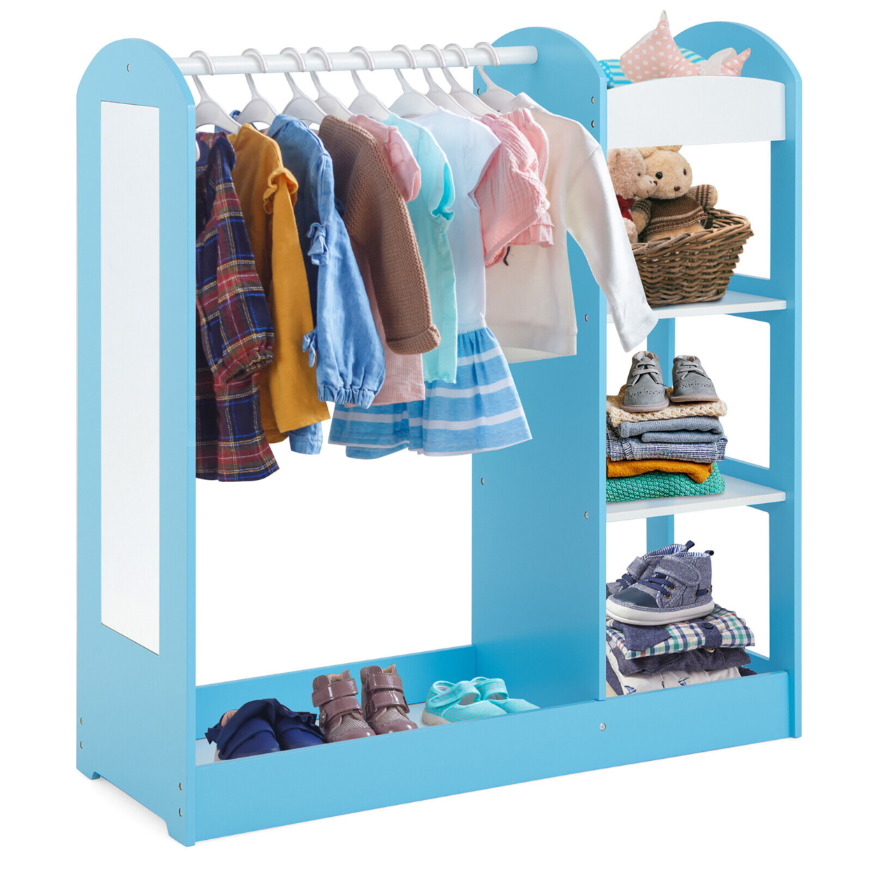 Kids Dress Up Storage Hanging Armoire Dresser Costume Closet W/ Mirror Shelves - Blue