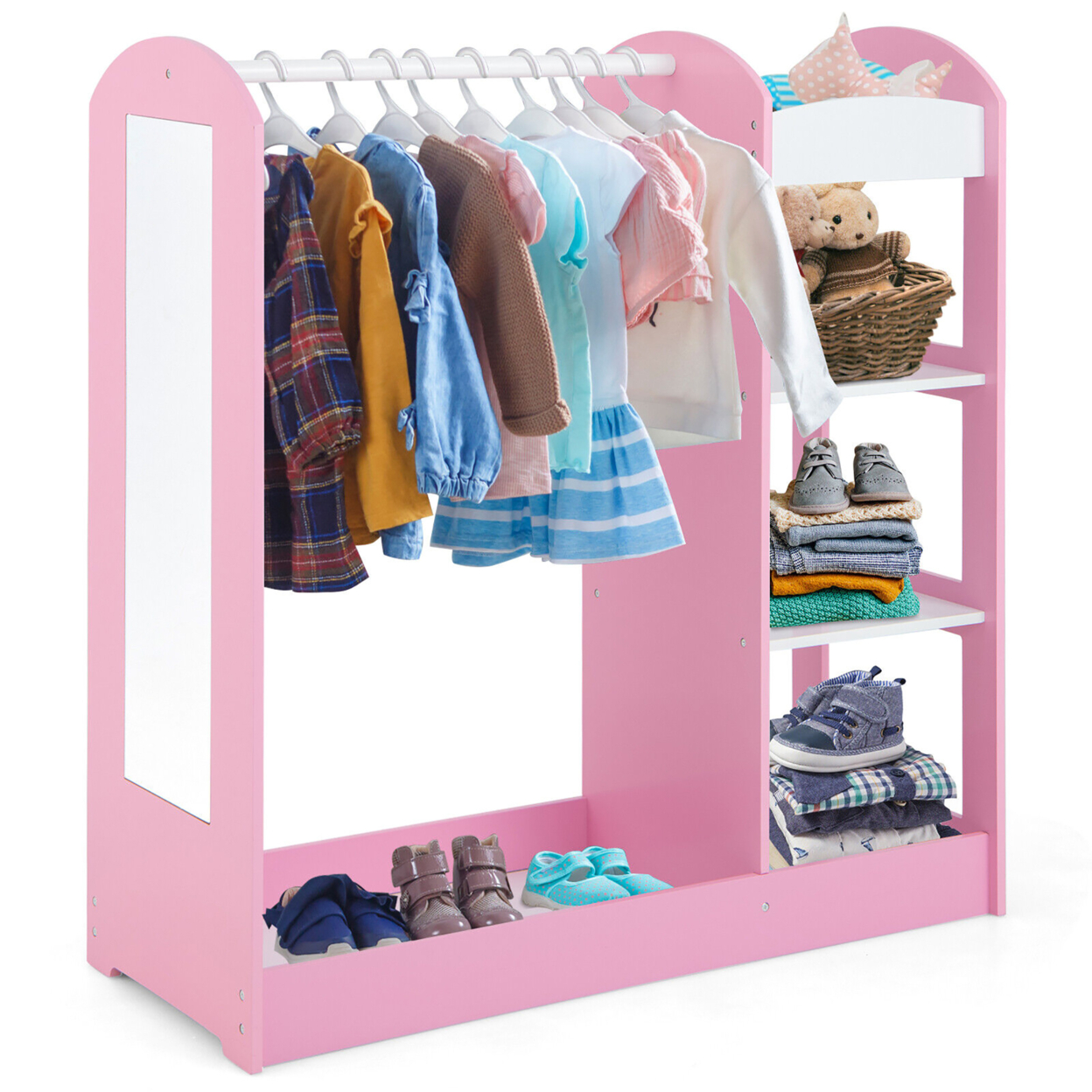 Kids Dress Up Storage Hanging Armoire Dresser Costume Closet W/ Mirror Shelves - Pink