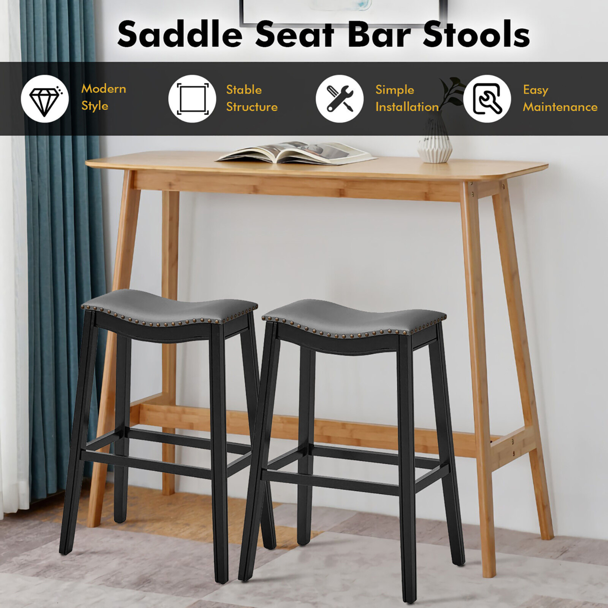 Set Of 2 Saddle Bar Stools Bar Height Kitchen Chairs W/ Rubber Wood Legs - Black
