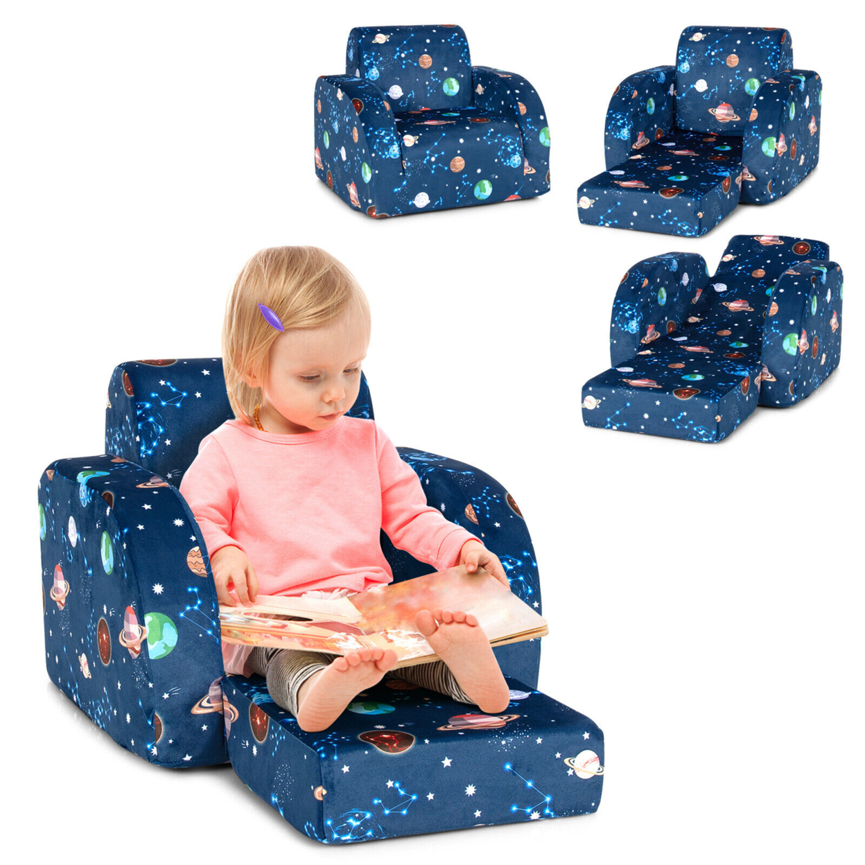 3-in-1 Convertible Kid Sofa Bed Flip-Out Chair Lounger For Toddler - Blue