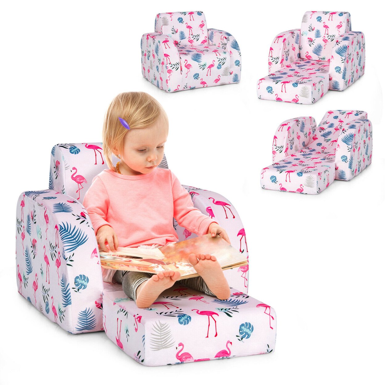 3-in-1 Convertible Kid Sofa Bed Flip-Out Chair Lounger For Toddler - Pink