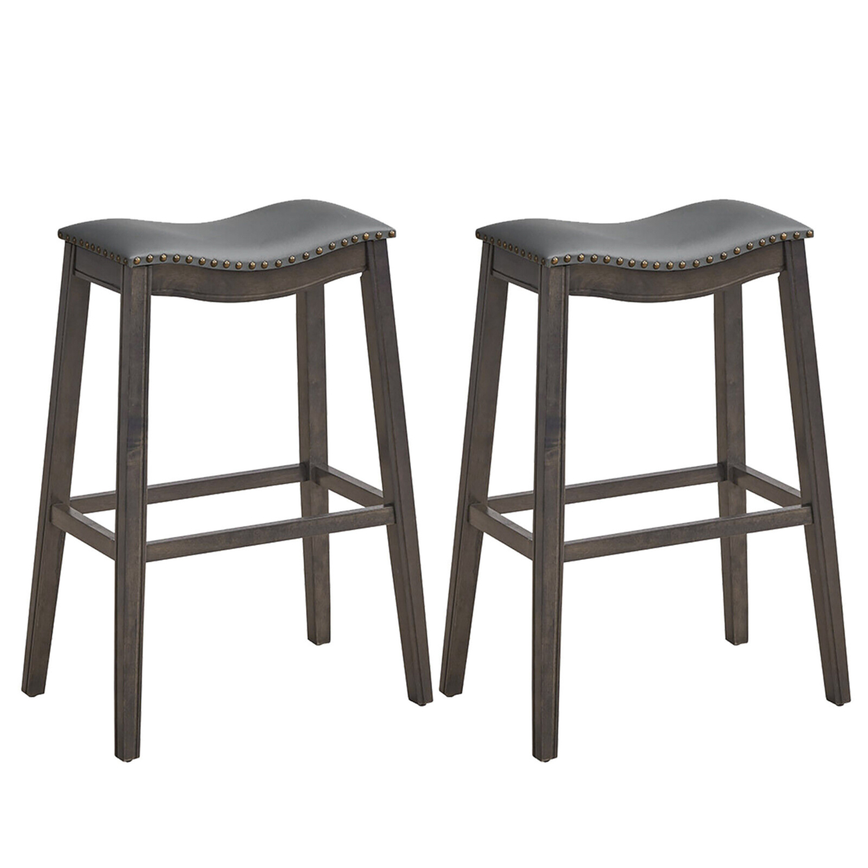 Set Of 2 Saddle Bar Stools Bar Height Kitchen Chairs W/ Rubber Wood Legs - Brown