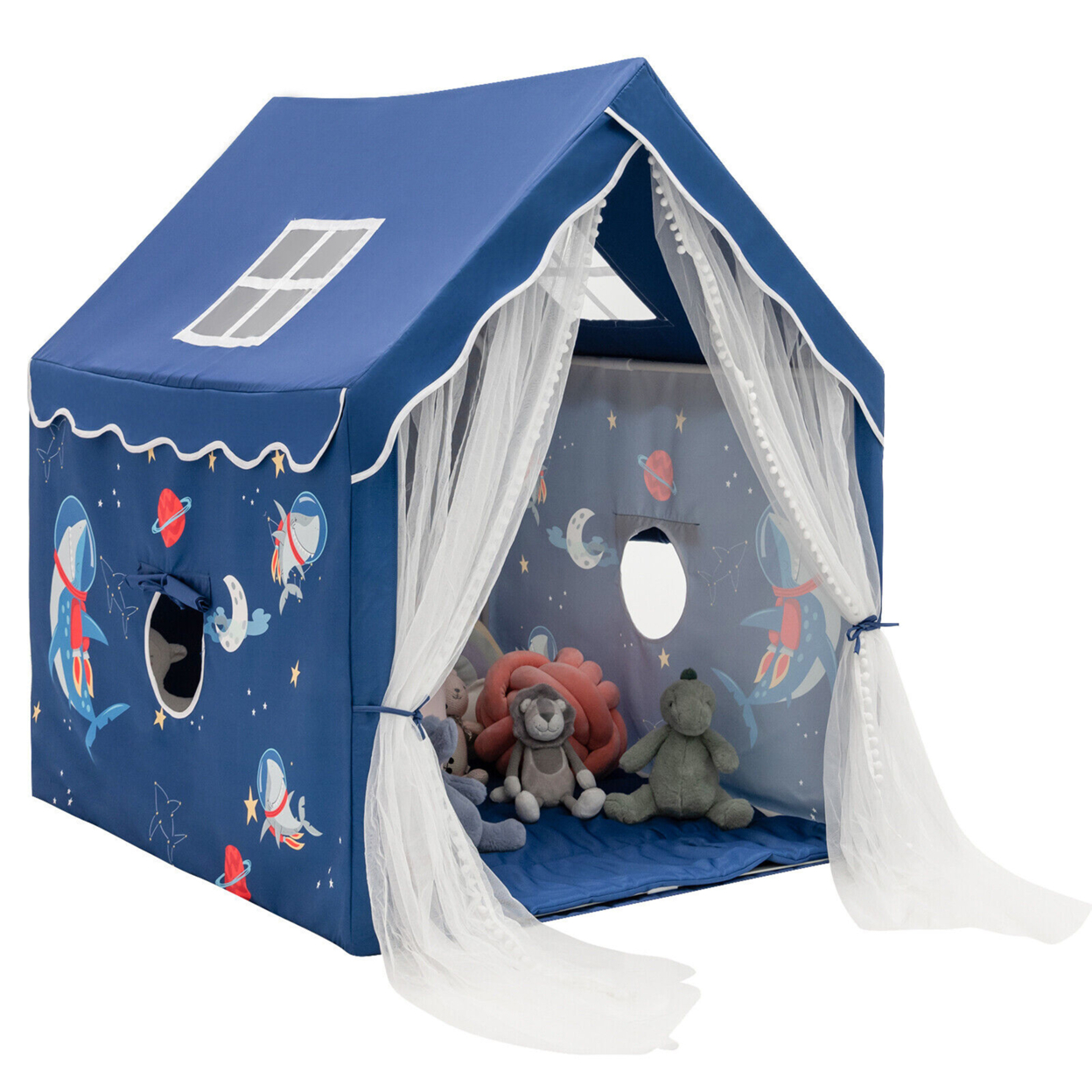 Kids Playhouse Large Children Indoor Play Tent Gift W/ Cotton Mat Longer Curtain - Blue