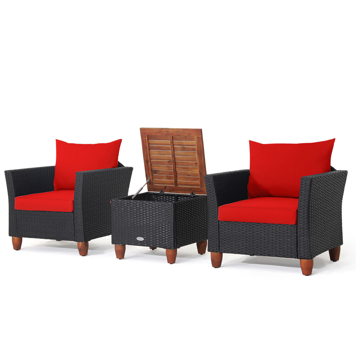 3PCS Patio Rattan Conversation Set Outdoor Furniture Set W/ Cushions - Red