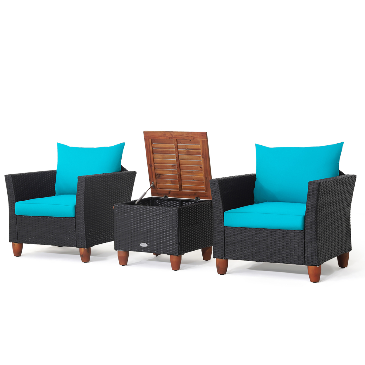 3PCS Patio Rattan Conversation Set Outdoor Furniture Set W/ Cushions - Turquoise