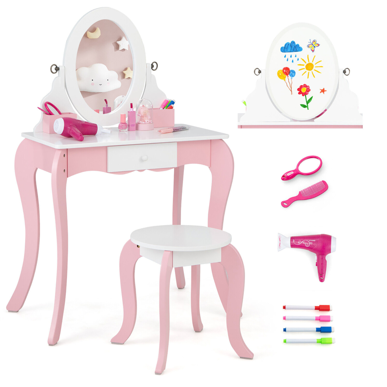 Pretend Kids Vanity Set Makeup Dressing Table 2-in-1 Mirror & Whiteboard