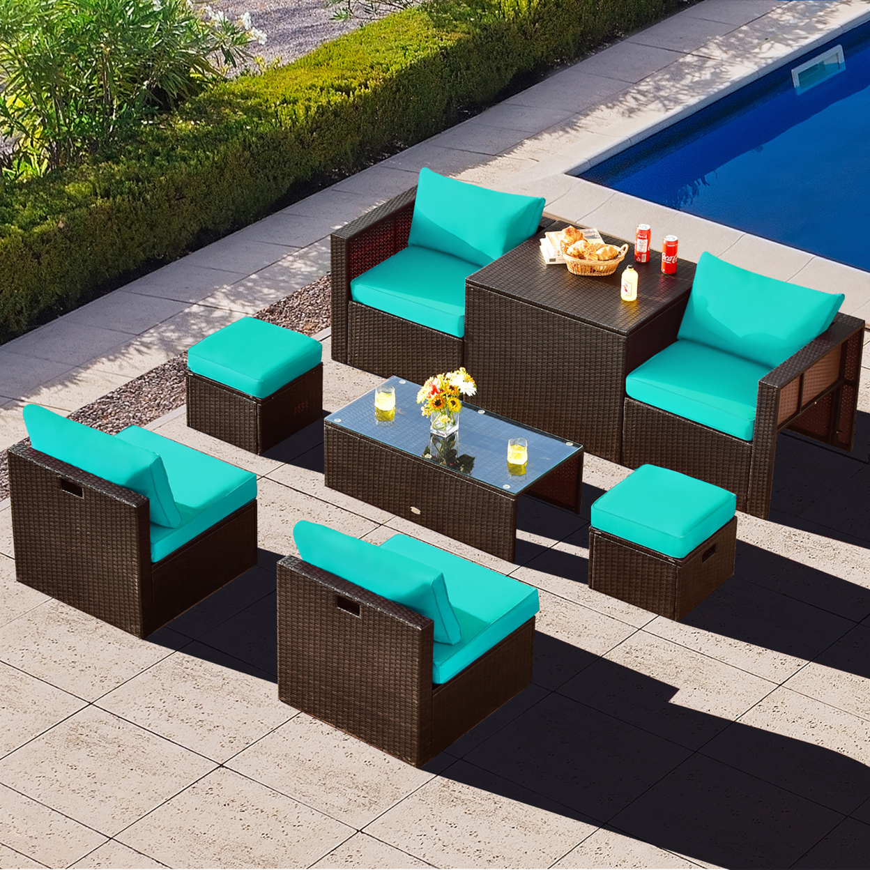 8PCS Patio Rattan PE Wicker Conversation Set All-Weather Furniture Set W/ Cushions - Turquoise