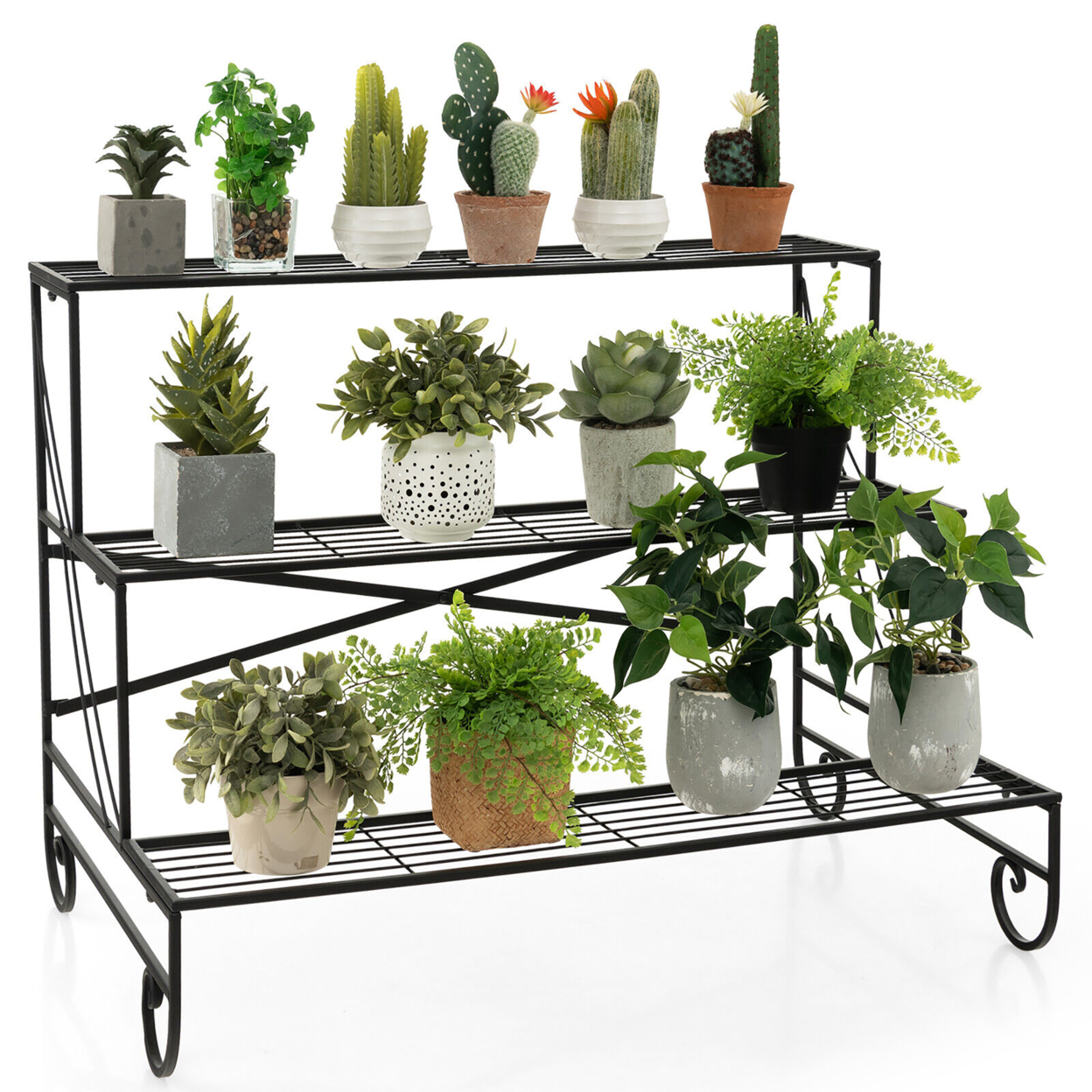 3-Tier Metal Shelf Ladder Shaped Plant Stand Flower Pot Display Rack Organizer