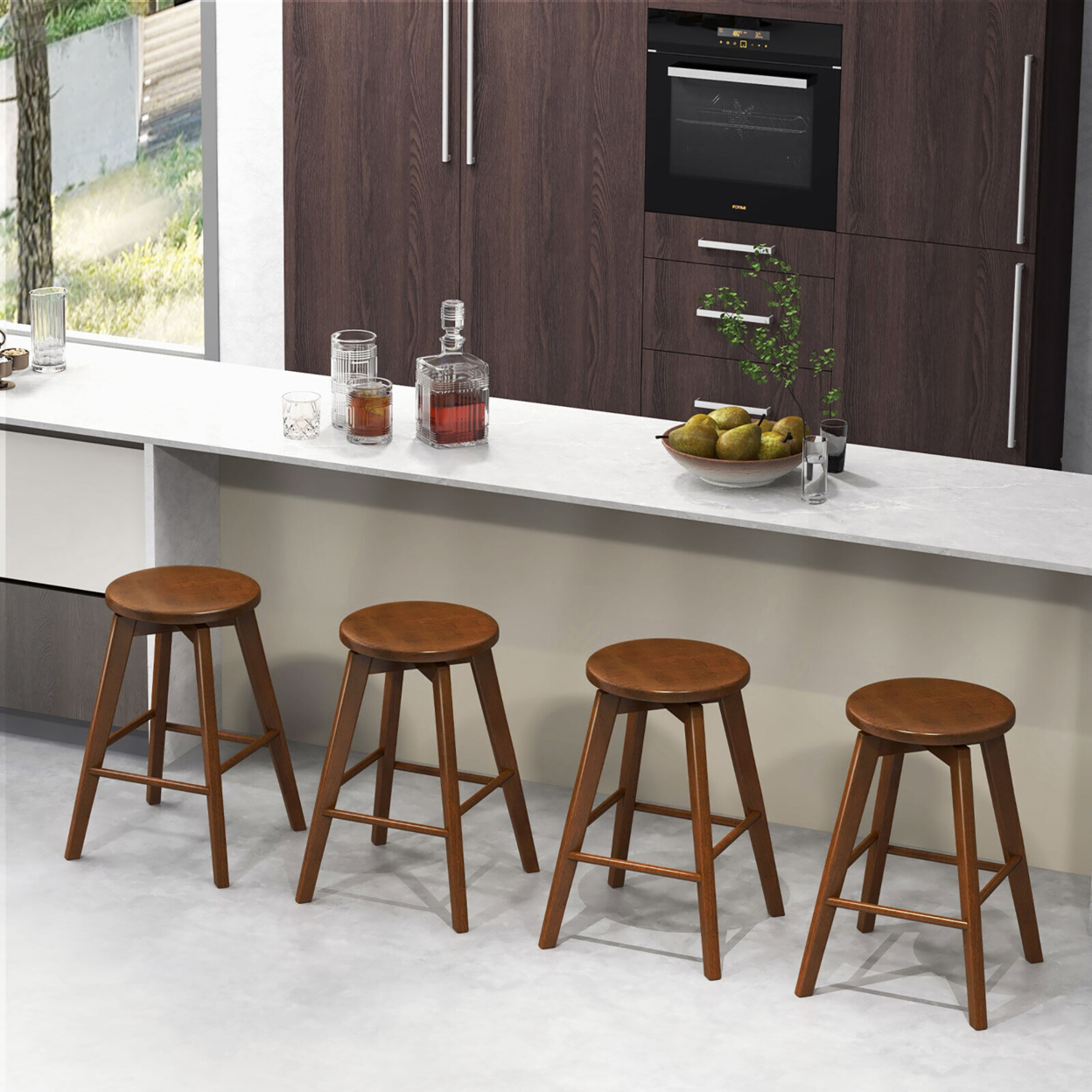 Set Of 4 Swivel Round Bar Stools Counter Height Dining Chairs W/ Rubber Wood Legs