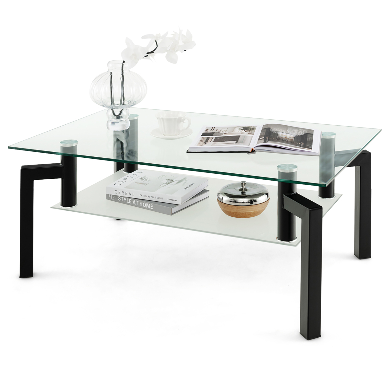 Glass Coffee Table 2-Tier Tempered Accent Table W/ Metal Tube Legs Living Room