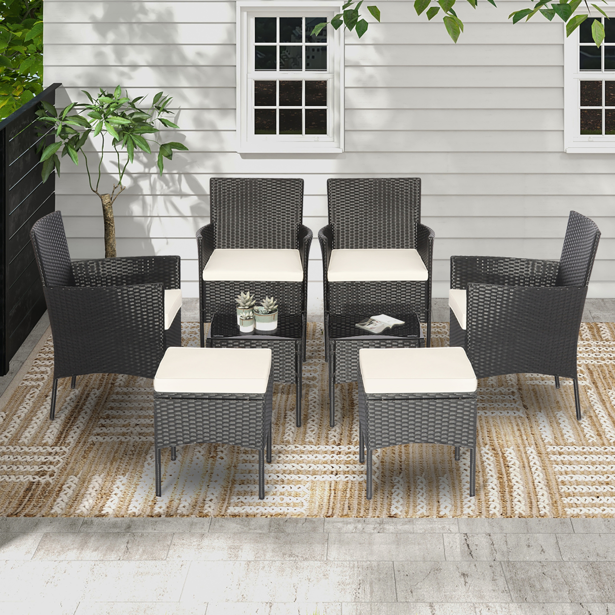 8PCS Outdoor Conversation Furniture Set Patio PE Rattan Sofa Set W/ Tables & Ottoman