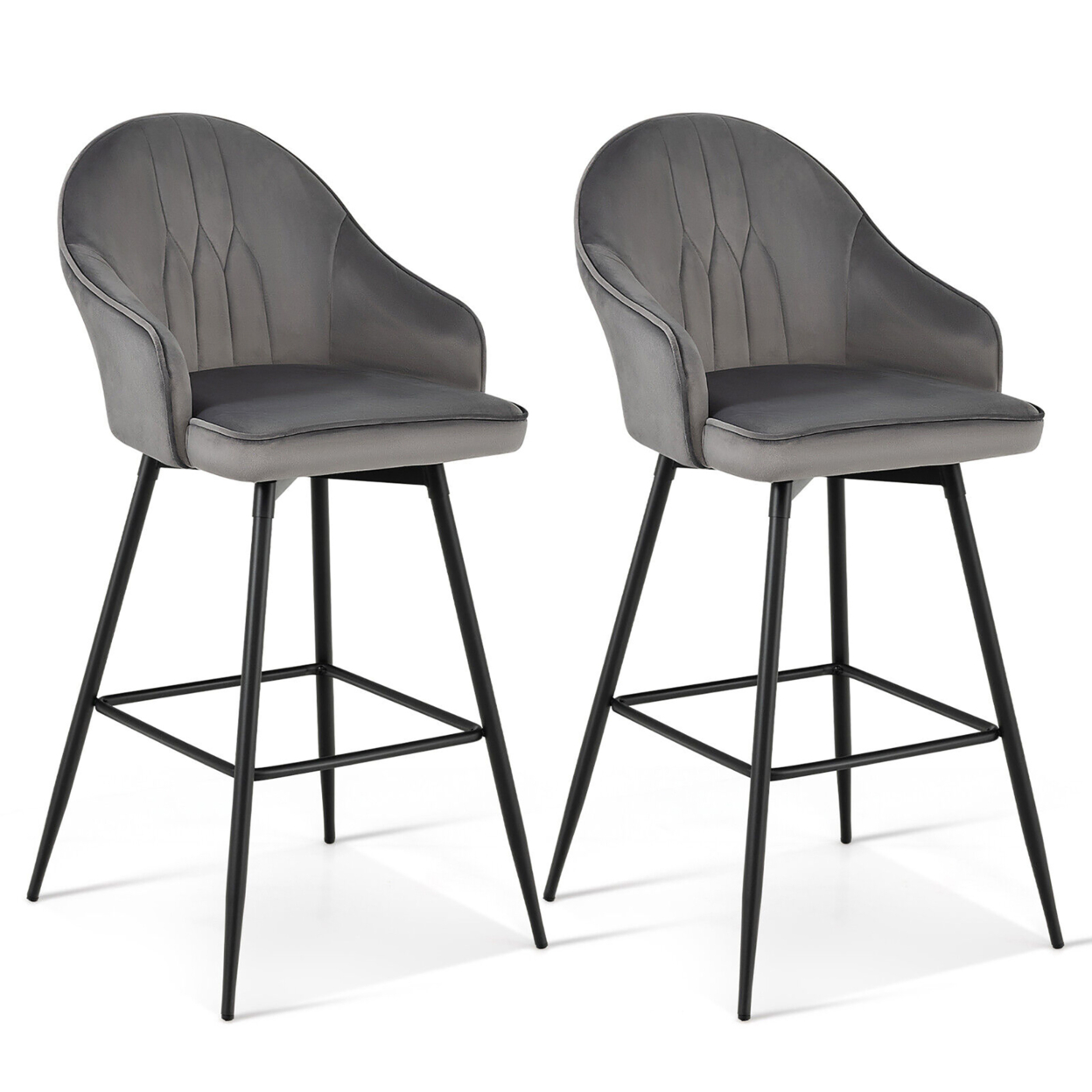 Set Of 2 Velvet Bar Stools Swivel Pub Height Dining Chairs W/ Metal Legs Gray