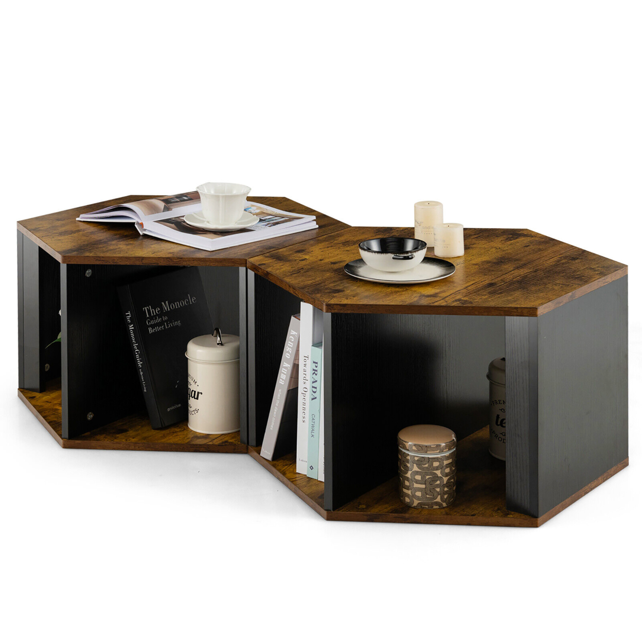 2PCS Coffee Side End Table Nightstand Hexagonal For Living Office Coffee Room