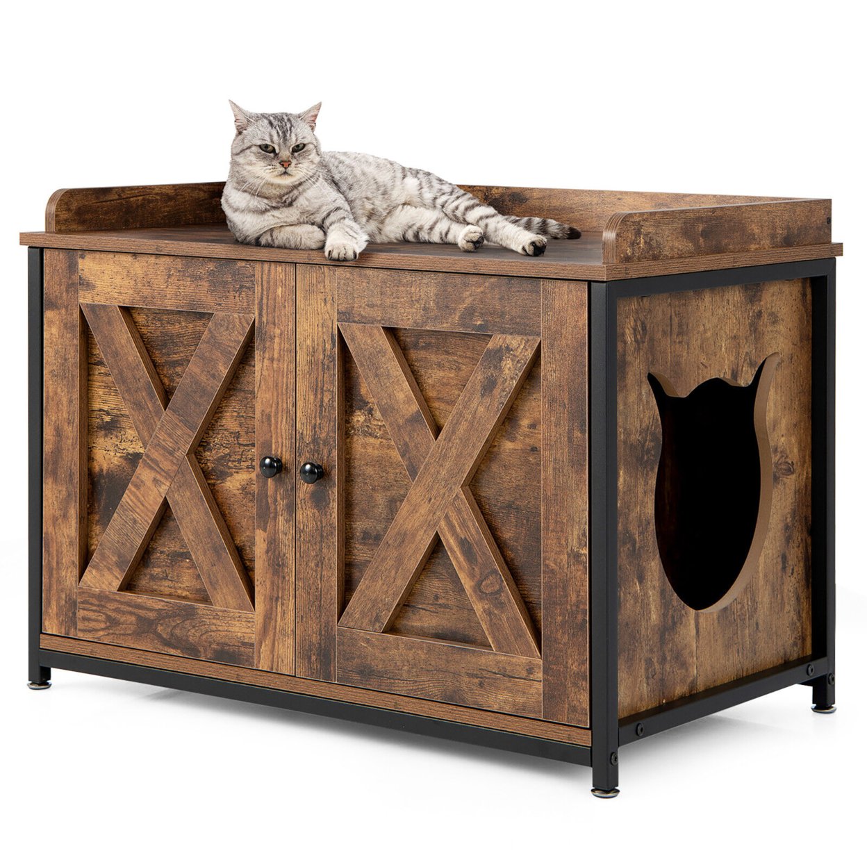 Cat Litter Box Enclosure Indoor Industrial Cat House Nightstand W/ Double Doors