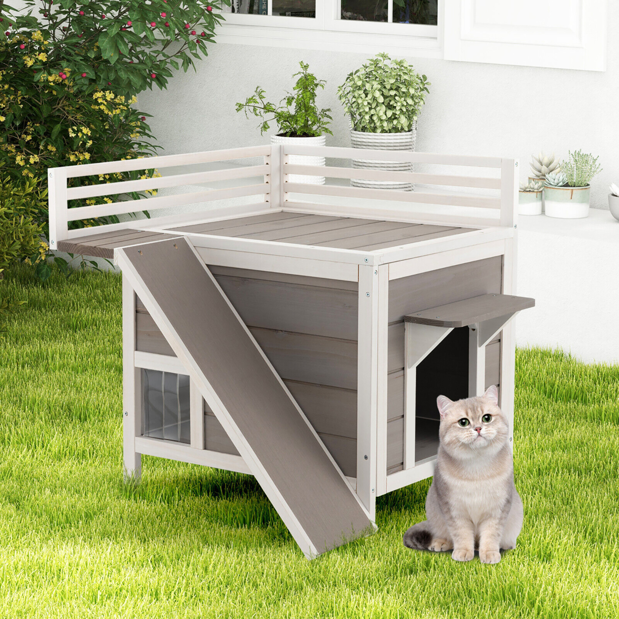 Outdoor Feral Cat House Wooden Kitty Shelter With Balcony & Slide