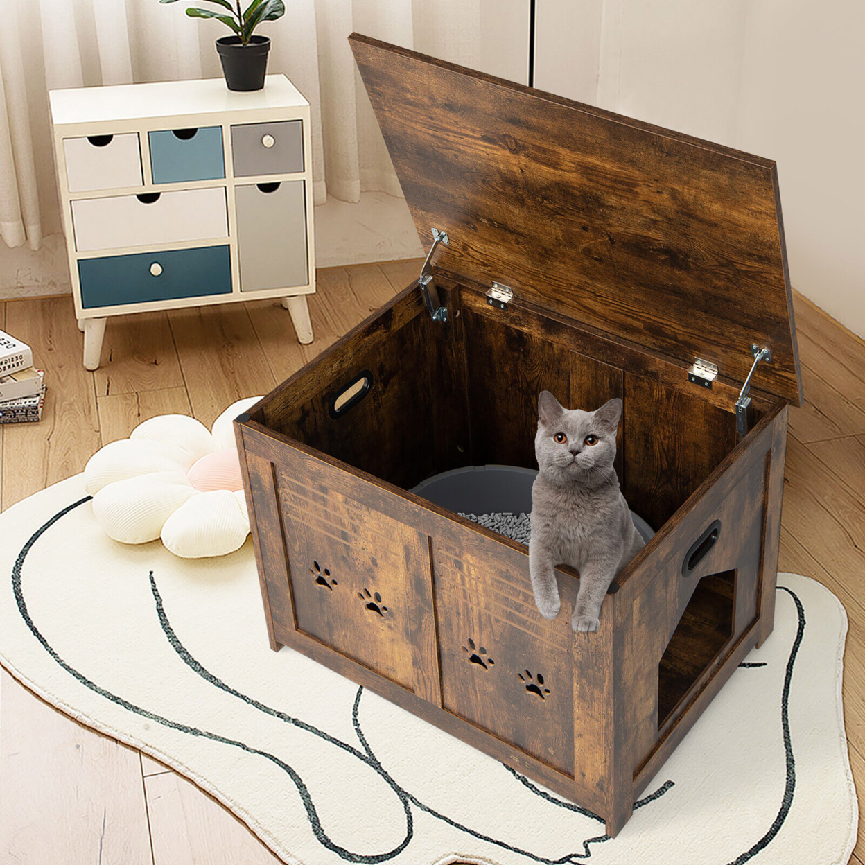 Wooden Cat Litter Box Enclosure Flip-Top Hidden Washroom Bench W/ Side Entrance
