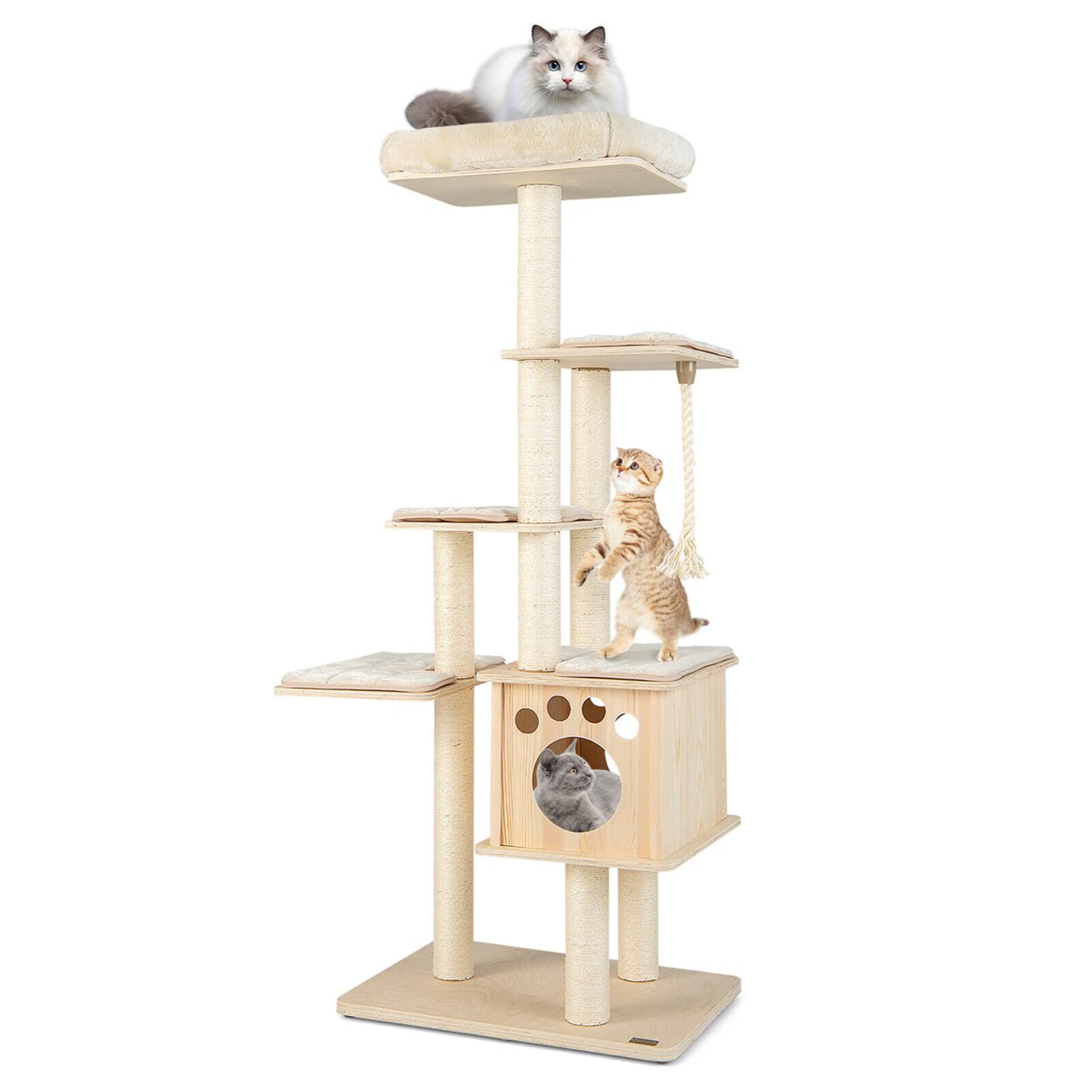 67 In Multi-level Cat Tower W/ Top Perch & Wood Condo Modern Cat Tree
