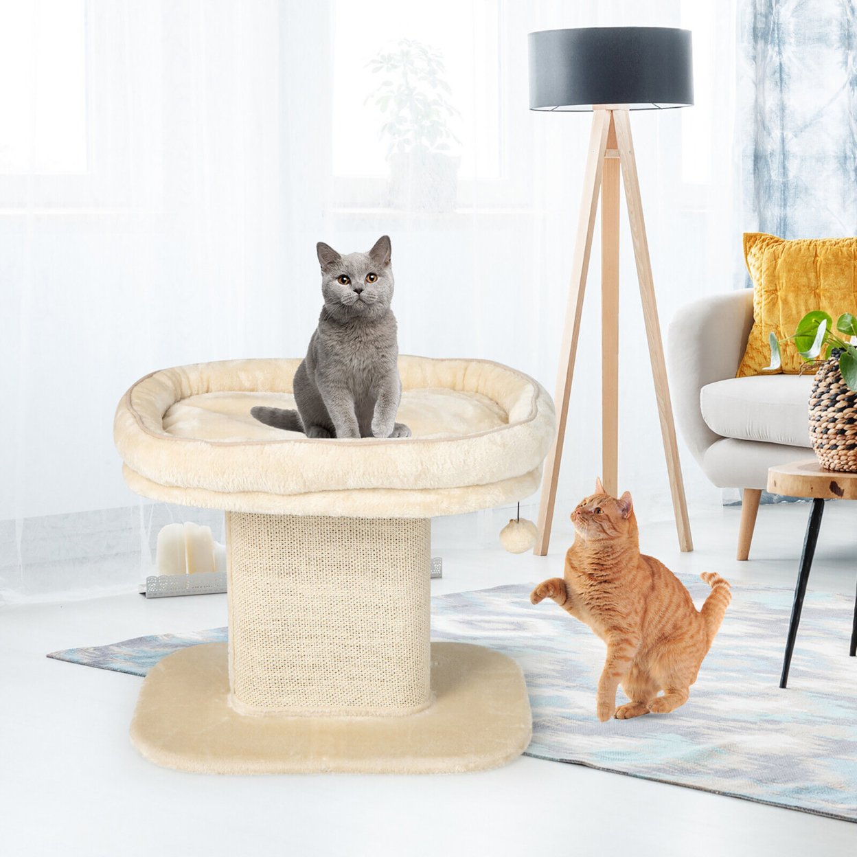 Modern Cat Tree Tower Cat Activity Tower W/ Large Plush Perch Beige