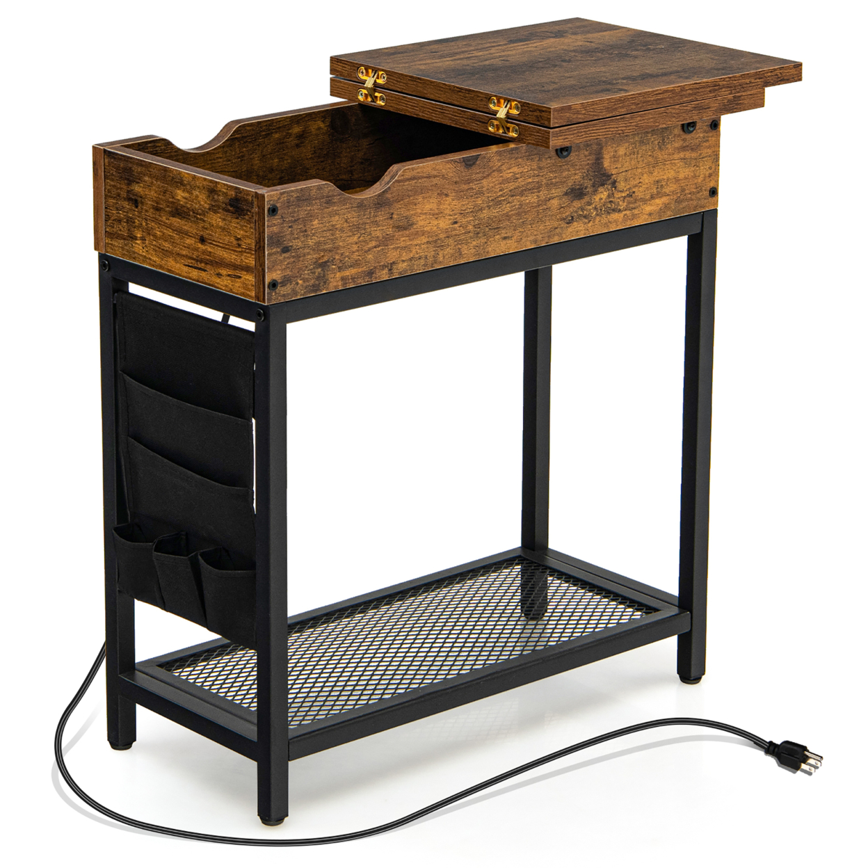 End Table With Charging Station Industrial Nightstand Flip Top Side Pocket USB