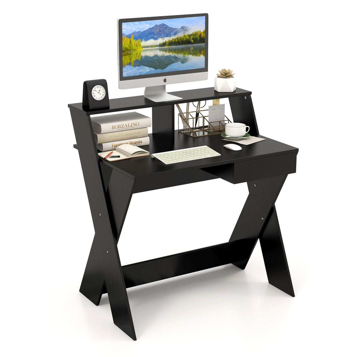 Computer Desk Study Writing Table Small Space W/ Drawer & Monitor Stand - Black