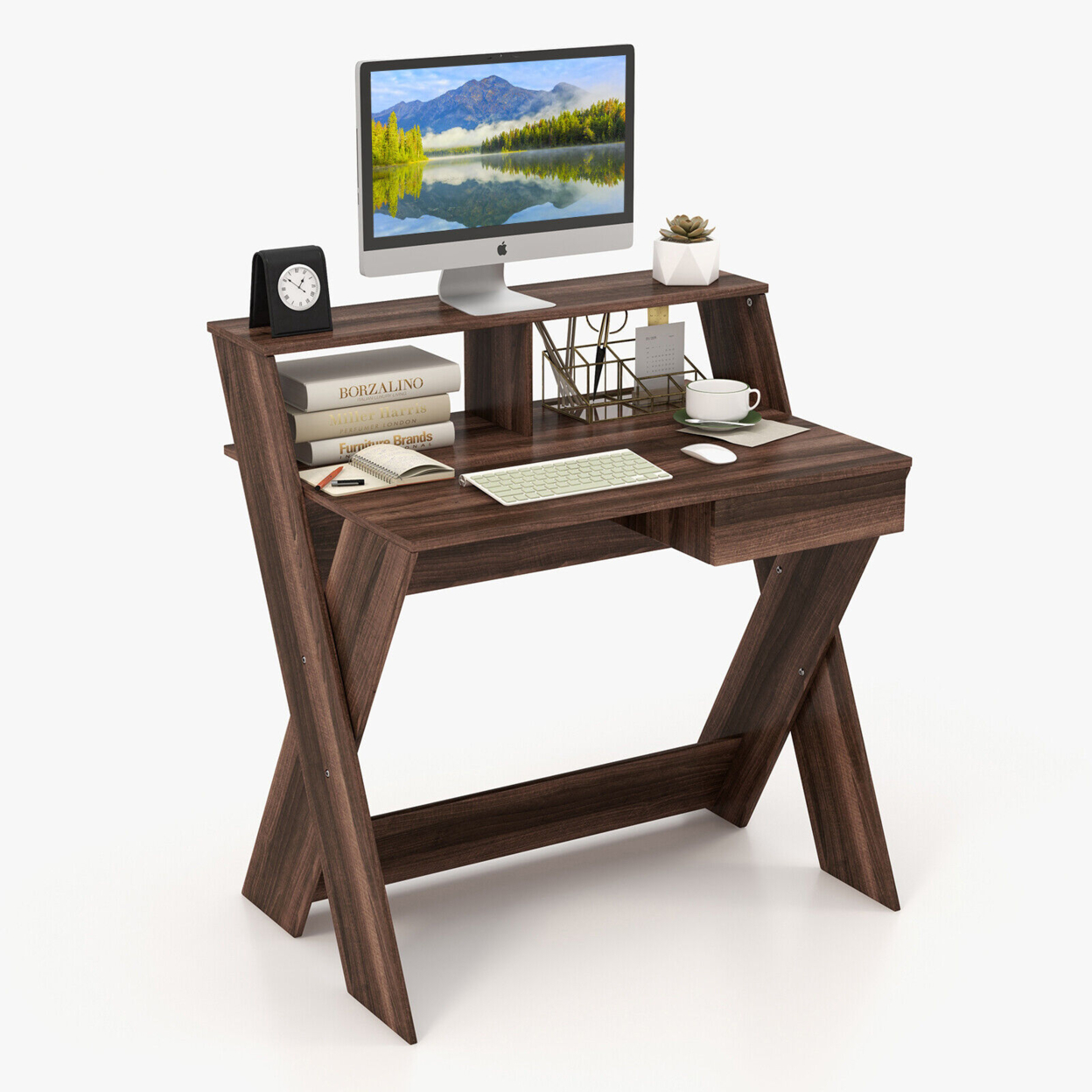 Computer Desk Study Writing Table Small Space W/ Drawer & Monitor Stand - Walnut