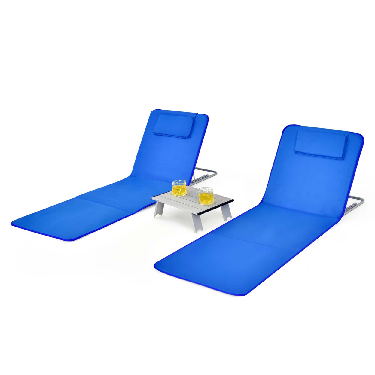 3PCS Folding Beach Mat Set Adjustable Beach Lounge Chair & Side Table Set - Blue