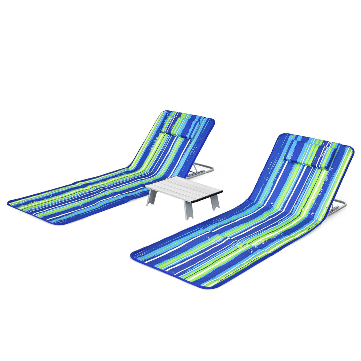 3PCS Folding Beach Mat Set Adjustable Beach Lounge Chair & Side Table Set - Stripe