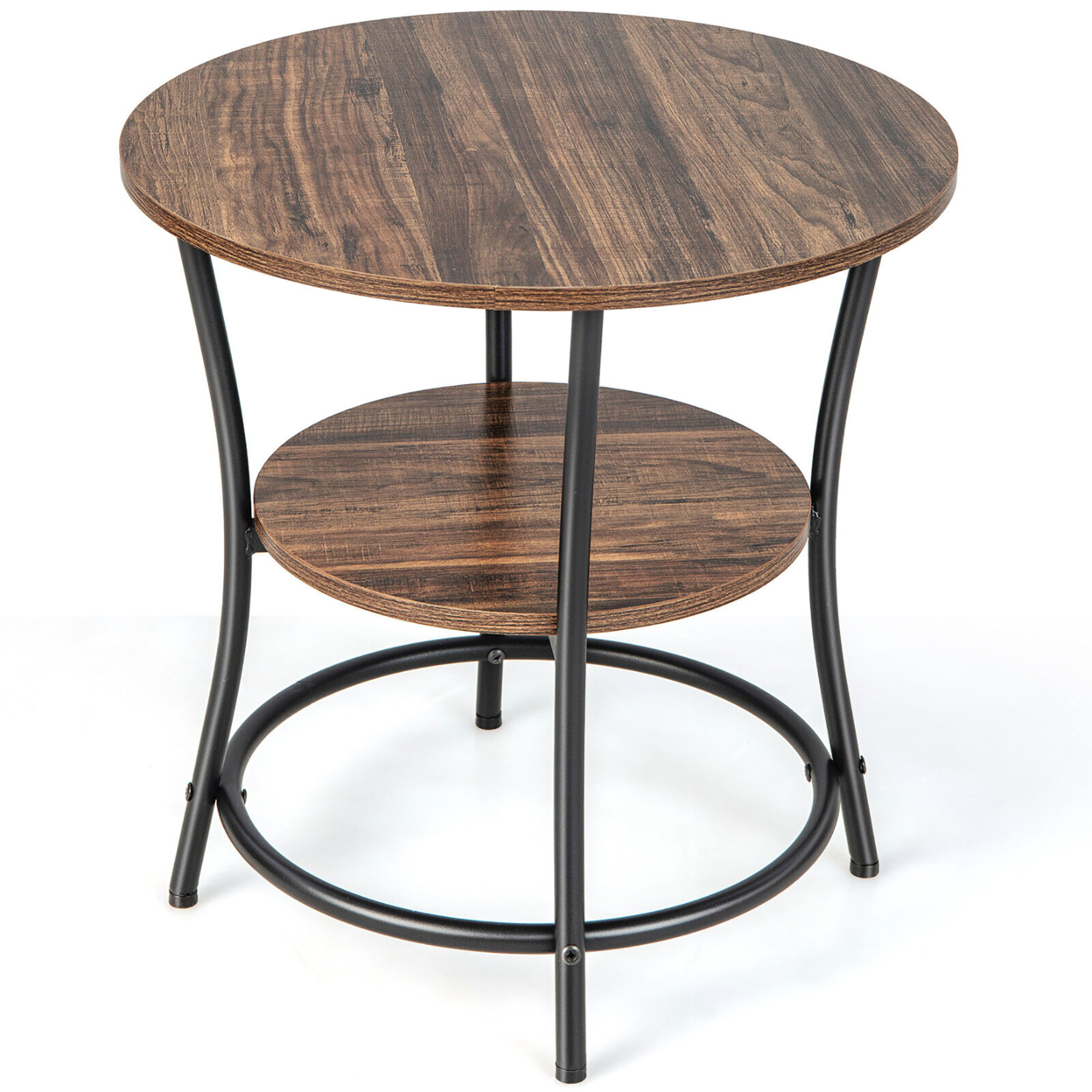 2-Tier Side Table Compact Round Metal Frame Coffee Table W/ Open Shelf - Oak