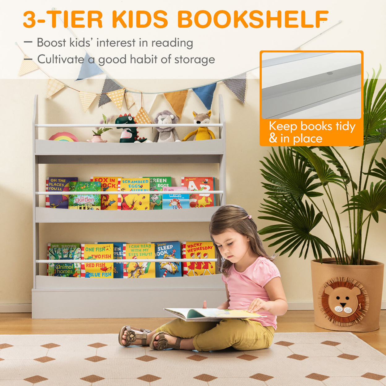 3-Tier Kids Bookshelf Toy Storage Bookcase Rack Wall W/ Anti-toppling Kits - White