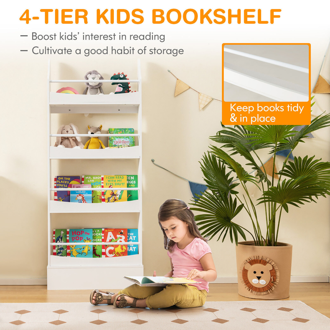 4-Tier Kids Bookshelf Toy Storage Bookcase Rack Wall W/ Anti-toppling Kits - White