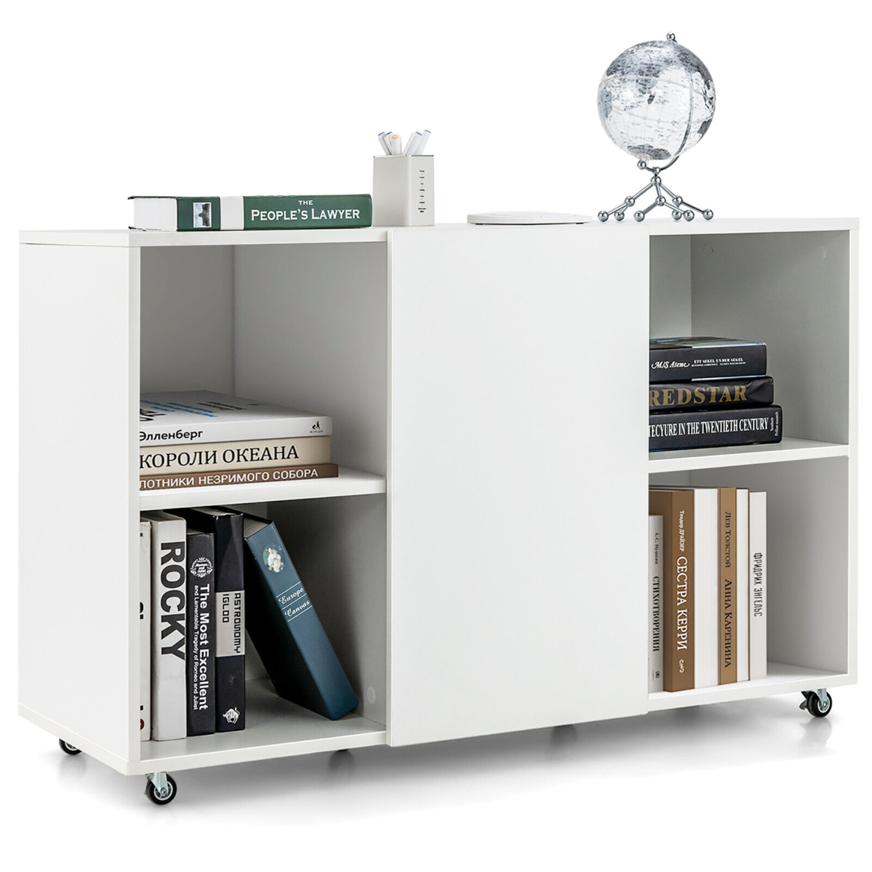 3-Tier Wood Bookcase 6 Cube Bookshelf W/ Door Wheels Display Cabinet - White