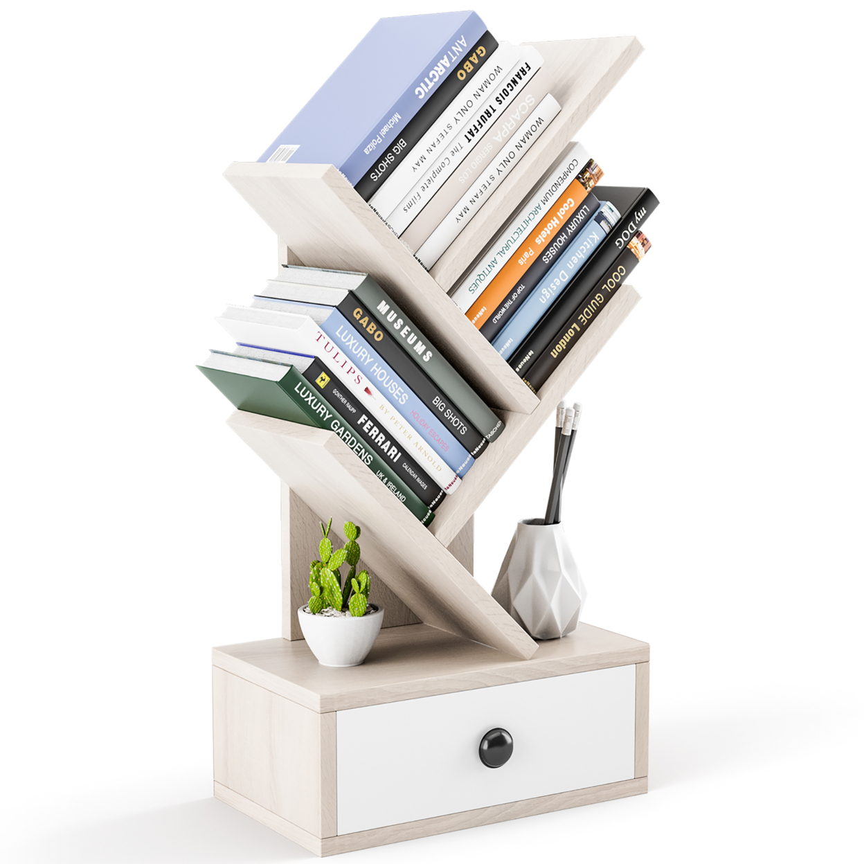 5-Tier Tree Bookshelf W/ Wooden Drawer Display Storage Organizer Rack - Beige