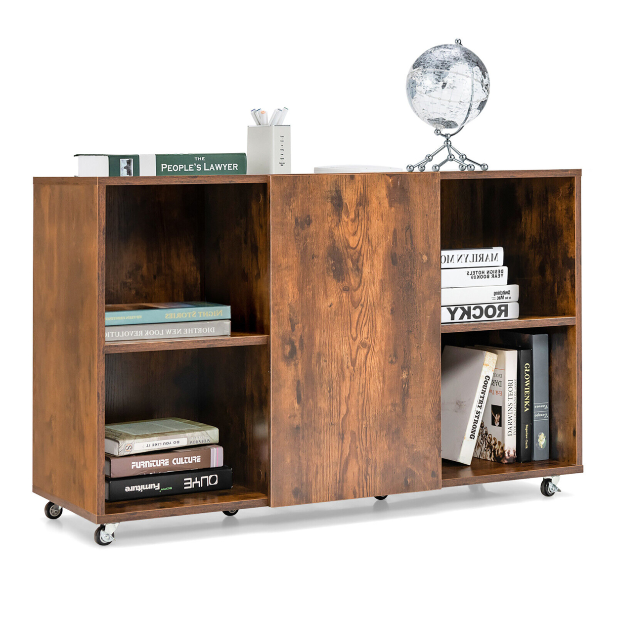 3-Tier Wood Bookcase 6 Cube Bookshelf W/ Door Wheels Display Cabinet - Rustic Brown