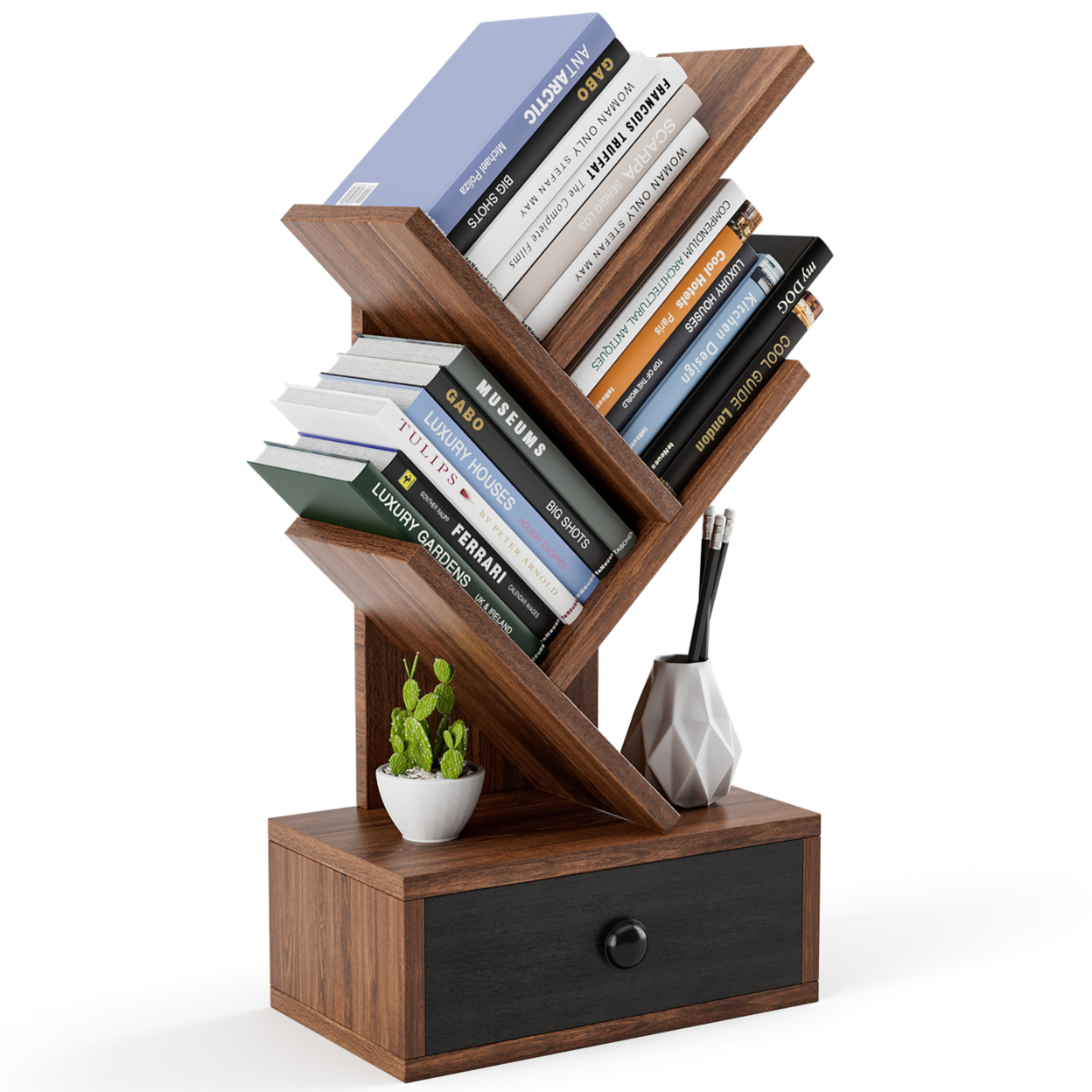 5-Tier Tree Bookshelf W/ Wooden Drawer Display Storage Organizer Rack - Brown