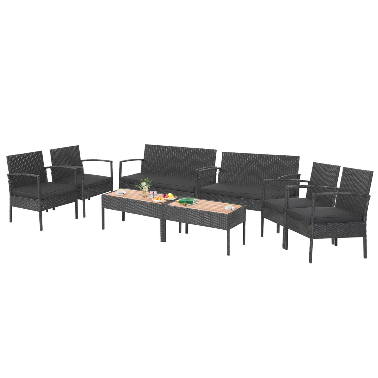 8PCS Rattan Patio Conversation Furniture Set Outdoor Sofa Set W/ Black Cushions