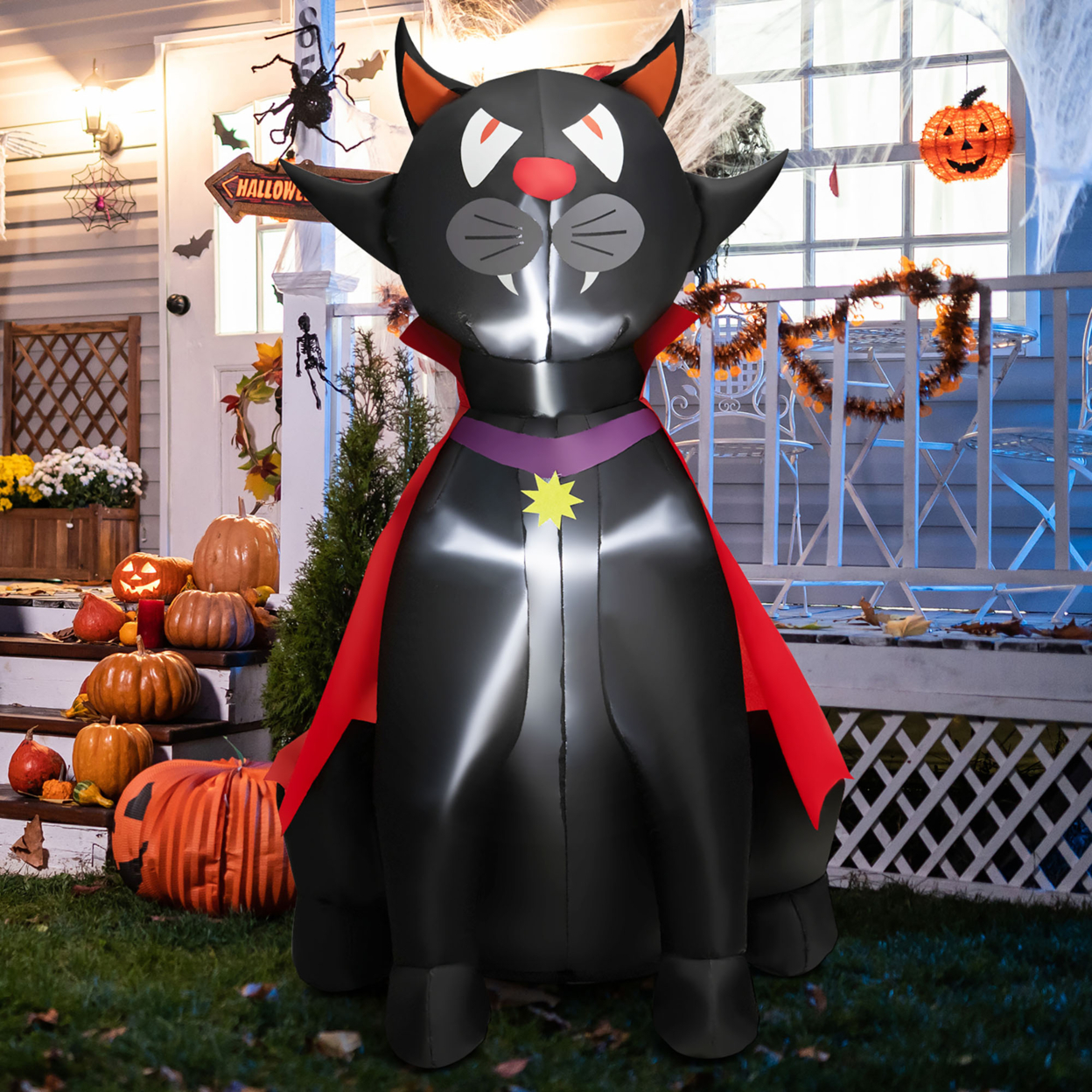 4.7FT Halloween Red Cloak Vampire Cat Inflatables Outdoor Decor W/ LED Lights