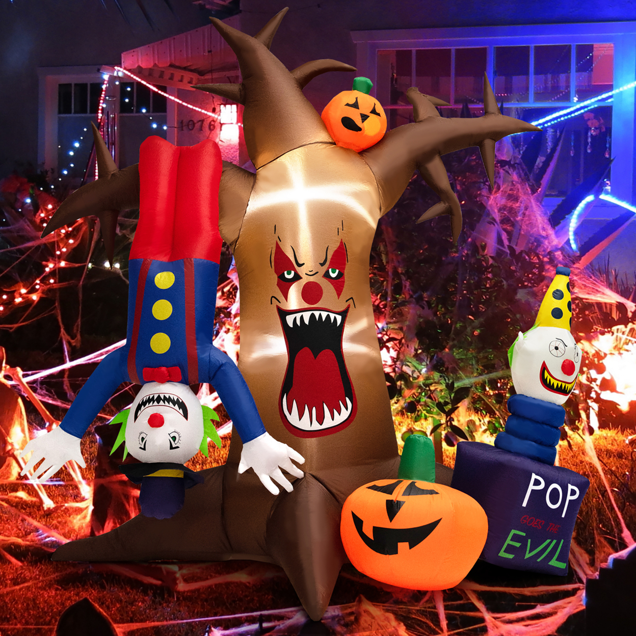 8FT Inflatable Halloween Horror Clown Ghost Tree W/ Pop-Up Clown & LED Lights