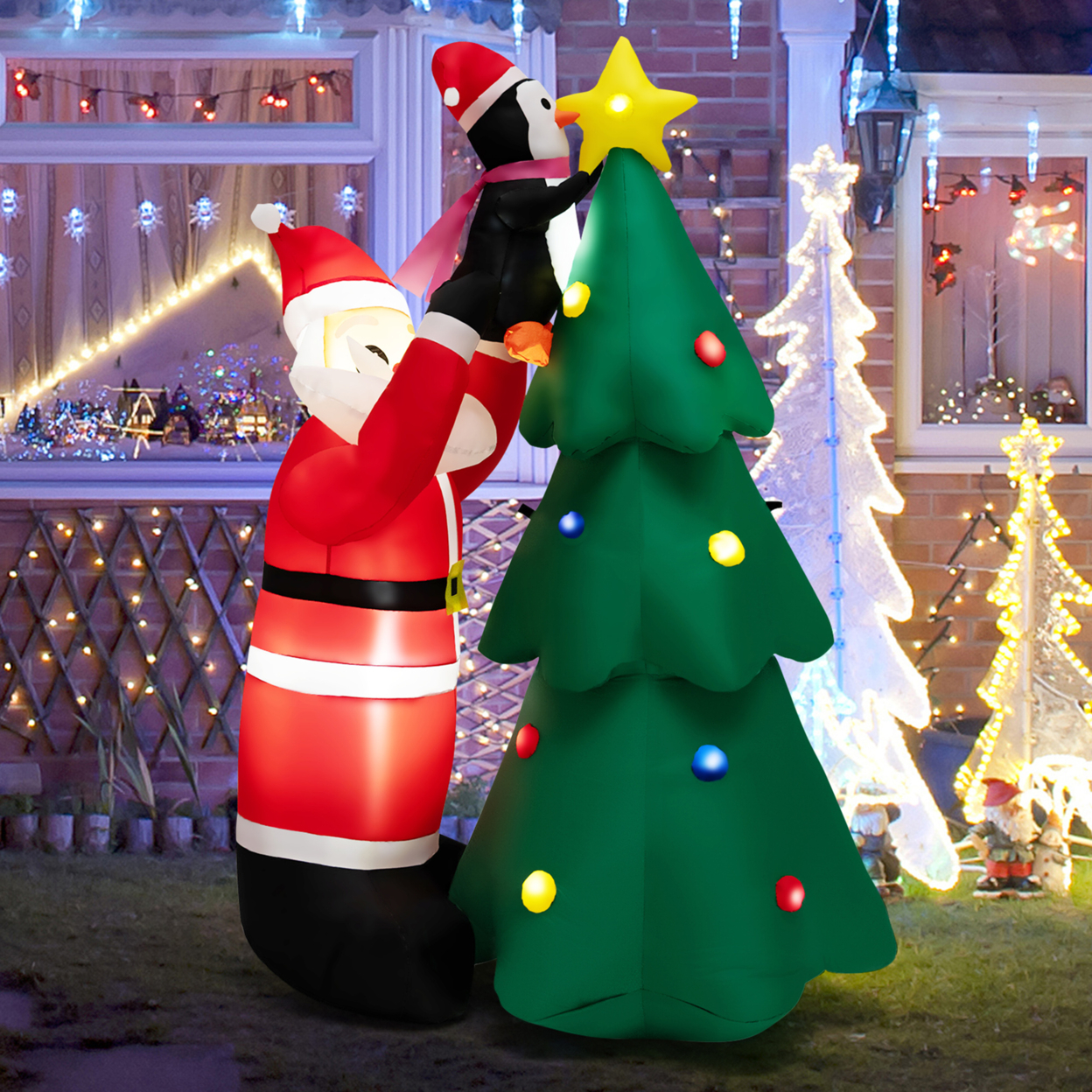 6FT Christmas Inflatable Tree Santa Claus & Penguin Decor W/ Air Blower & LED Lights