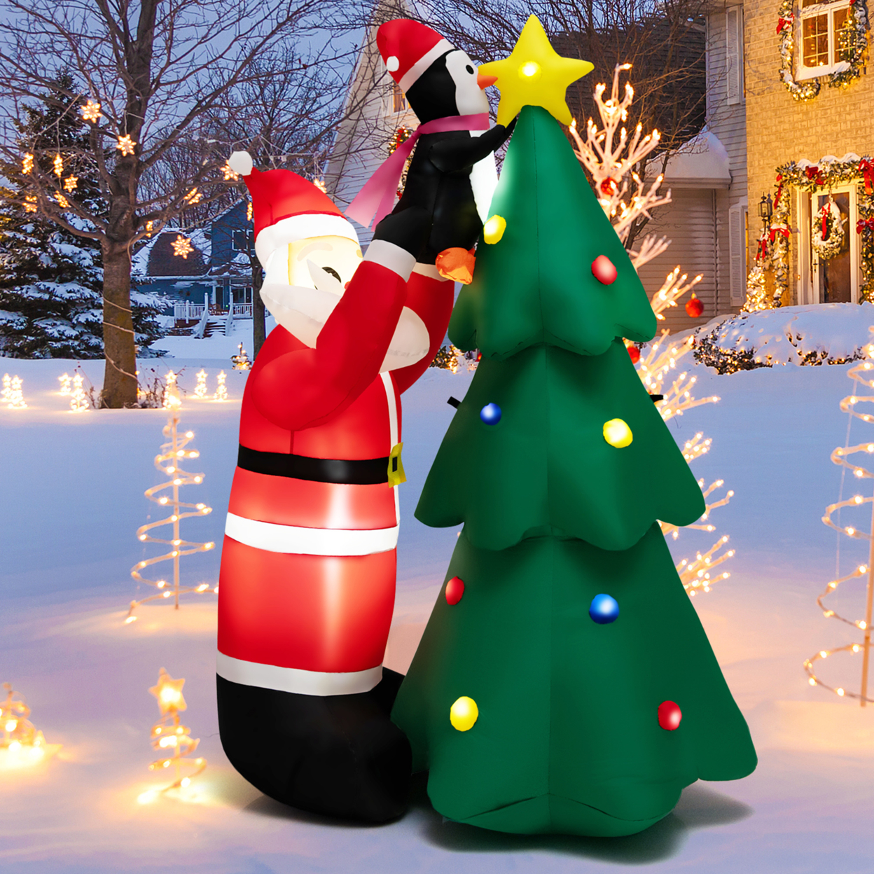 6FT Christmas Inflatable Tree Santa Claus & Penguin Decor W/ Air Blower & LED Lights