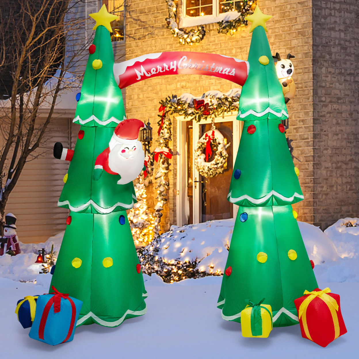 10FT Tall Christmas Inflatable Tree Arch Santa Claus & Reindeer W/ Air Blower & LEDs