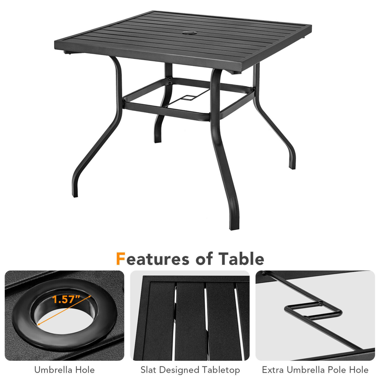 Square Patio Dining Table Metal 4-Person Outdoor Table W/ Umbrella Hole